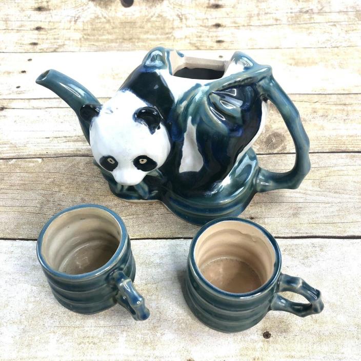 Vintage Panda Bear Ceramic Teapot Set with 2 Cups Hand Painted