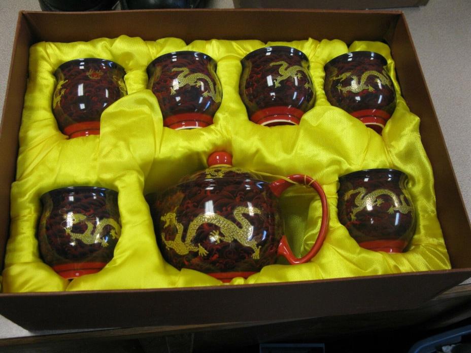 Vintage Chinese Porcelain TEA Set Red GOLD DRAGONS