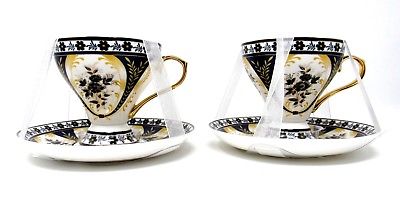 Grace's Teaware Set of 2 Pedestal Teacup & Saucer Sets Royal Blue Floral w/ Gold