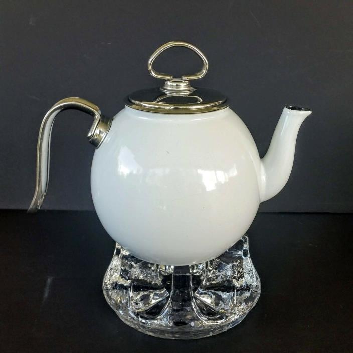 Chantal Enamel Teapot + Infuser + Glass Warming Stand SET/LOT White 6 cup Kettle