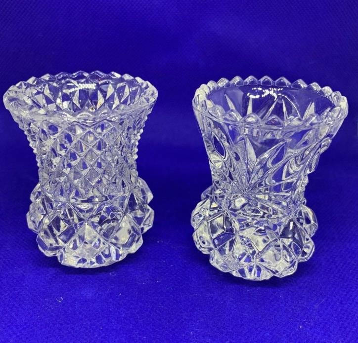 Vintage Set Clear Cut Crystal Toothpick Holders Diamond Patterns 2.5