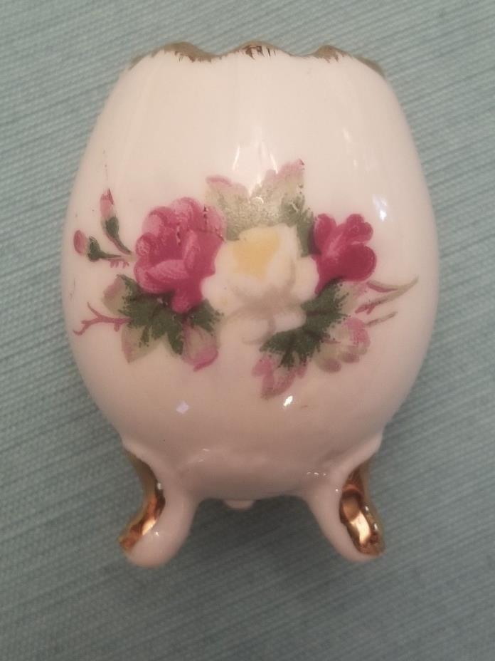 Vintage Egg Shaped Footed Porcelain Toothpick Holder White W/ Roses & Gold Trim