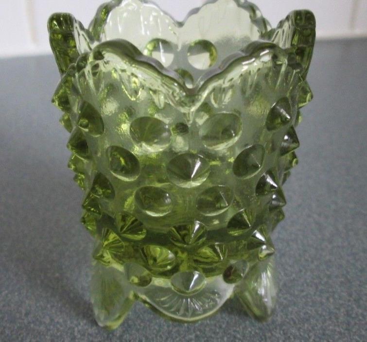 Vintage Toothpick Holder Pointed Hobnail Glass Pale Olive Green Footed