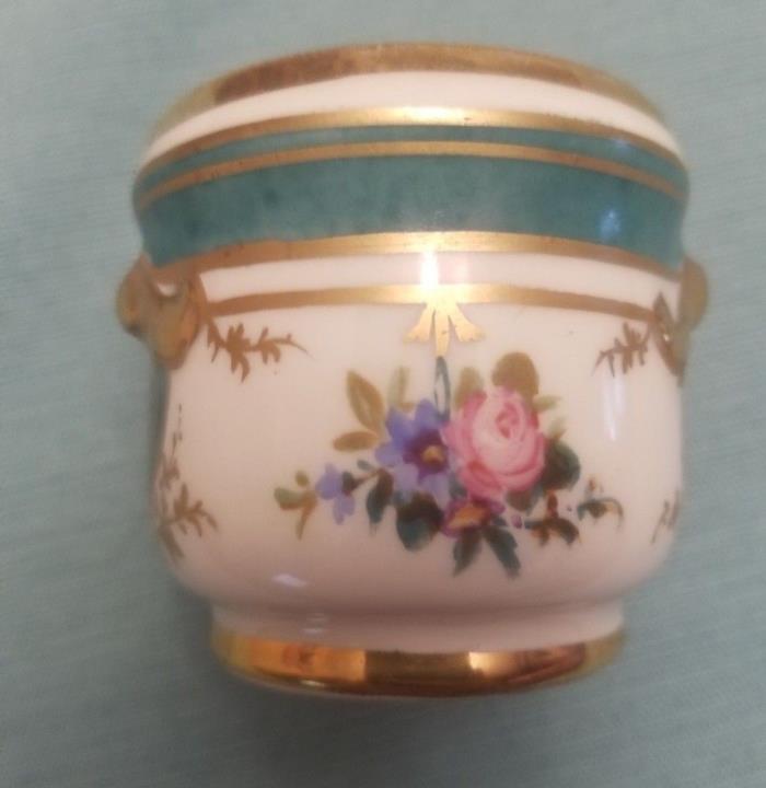 Vtg Handled Toothpick Holder White & Green Floral Pattern With Gold Trim Marked