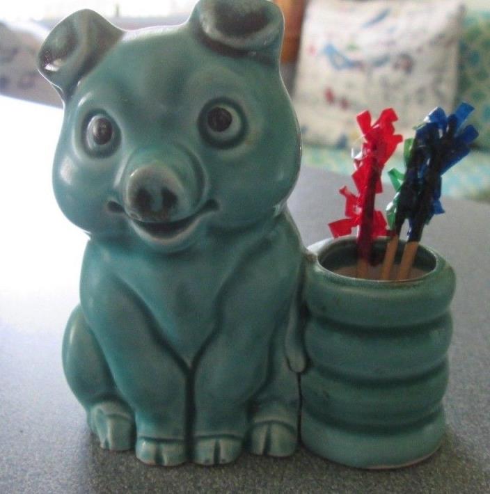 Vintage Toothpick Holder Norleans Japan Pottery Turquoise PIg w/ Label