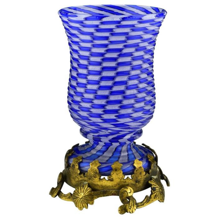 French Clichy Blown Glass Tooth Pick Holder in Cane Swirl Pattern, Ormolu Base