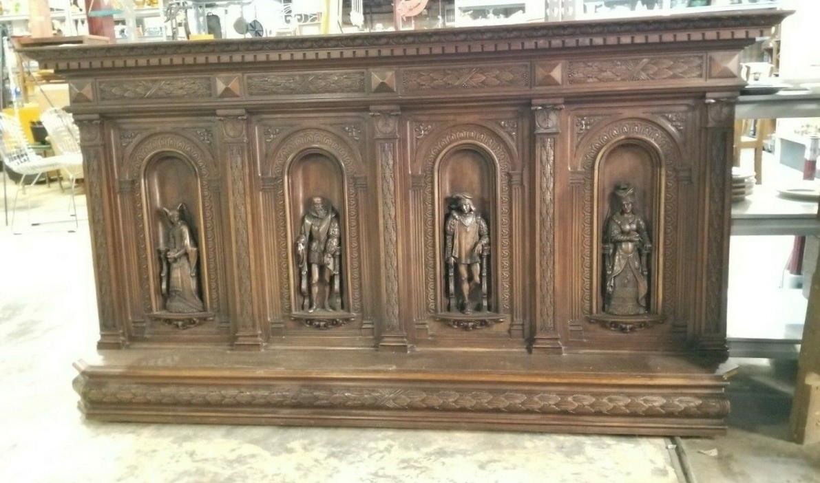 Antique Carved Renaissance Revival Tudor Court Architecture Panel Mantle Bed