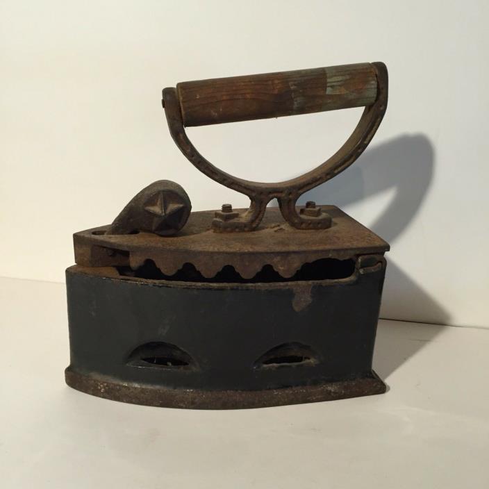 Antique 1800's Primitive Coal Cast Iron Clothes Iron Star One Wooden Handle