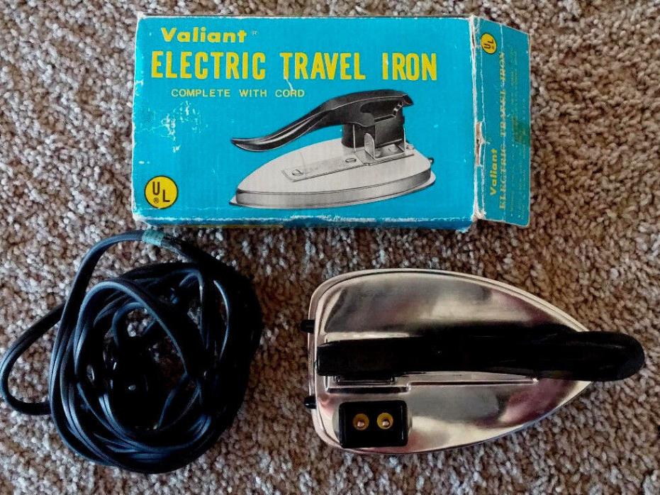 Vintage 1950s-60s Valiant Electric Travel Iron w/8' Cord & Box Works, Exc Cond