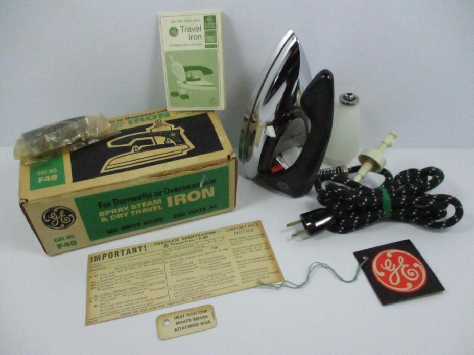 Vintage GE F49 Travel Iron Dual Voltage Original Box, Paperwork and Accessories