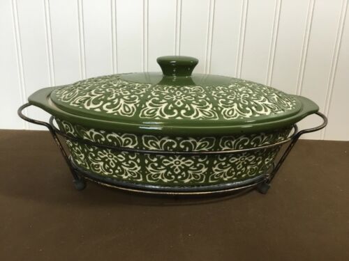 Temptations Green Carved Ceramic LRG Casserole Bakeware Dish Set of 2 w/Serving