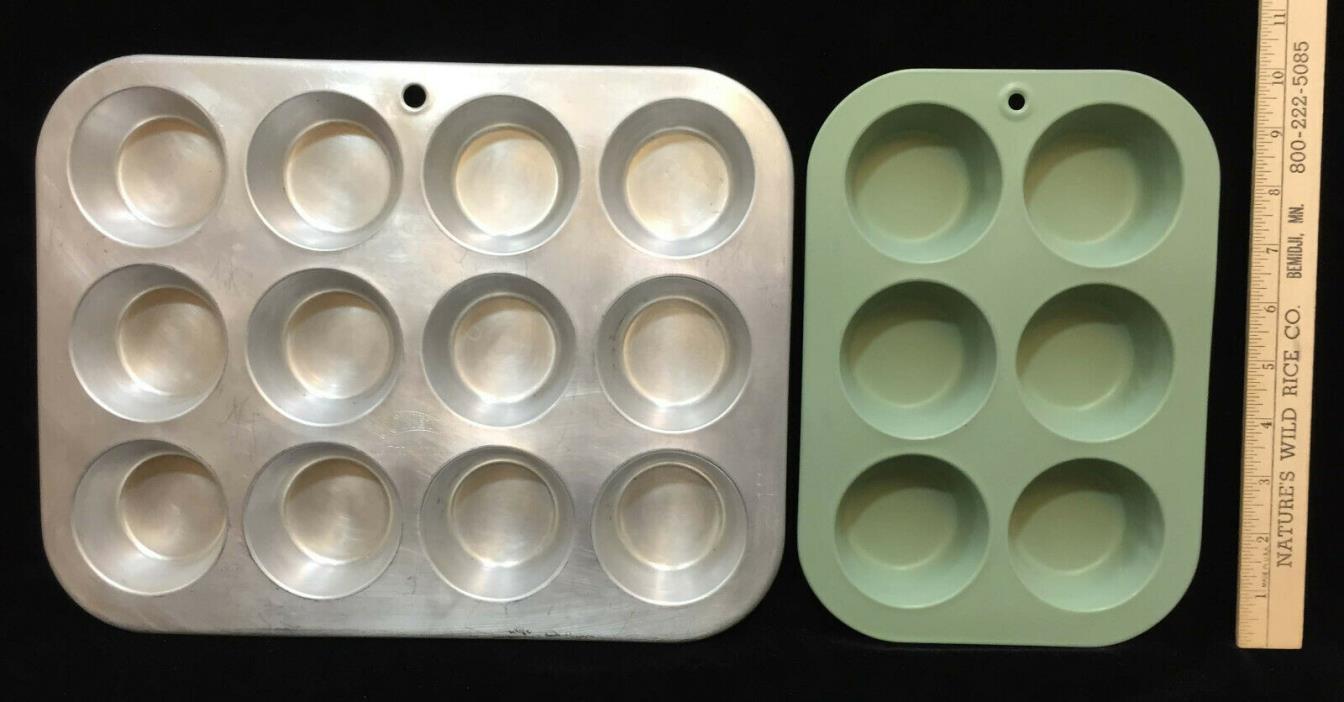 Muffin Tins Pans Lot 2 Aluminum Green 6 Cup Mirro & 12 Cups Comet USA Vintage