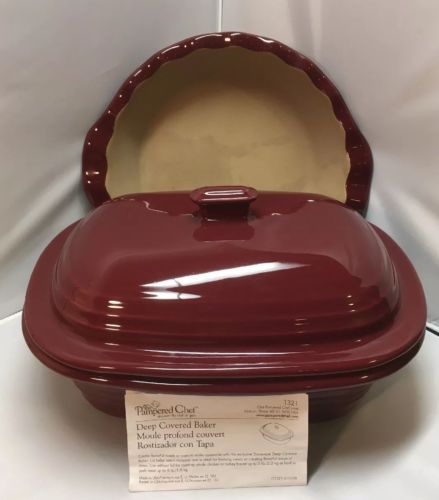 Pampered Chef Cranberry Stoneware Set - 1321 Deep Covered Baker & Pie Pan - EUC!