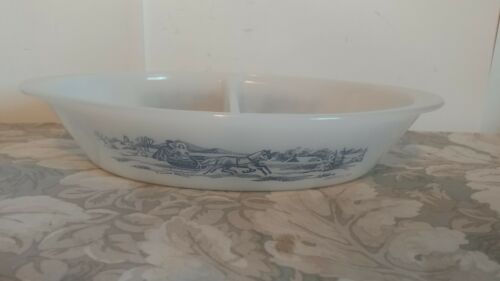 Vtg Glasbake Vegetable Divided Dish/ Currier & Ives / # J-2352