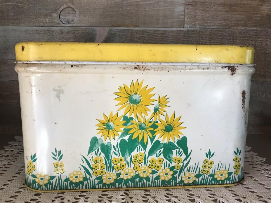 Vintage 1950's Metal Breadbox Yellow with Yellow Flowers Flip Top Countertop
