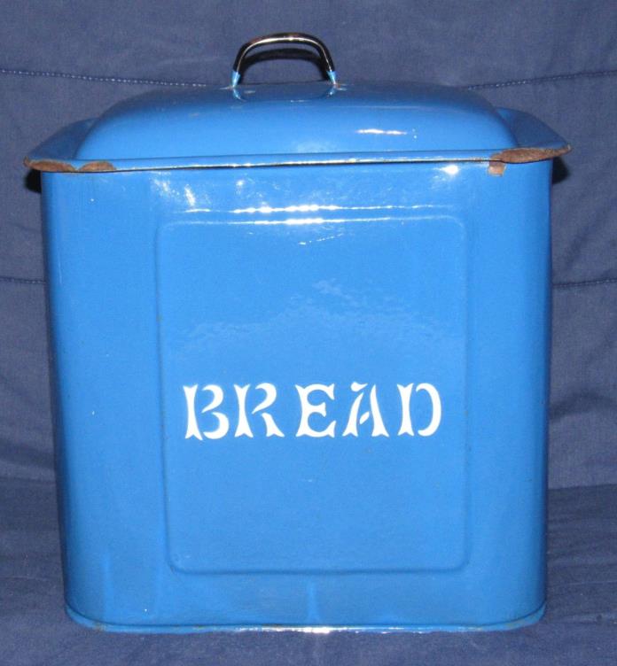 Vintage Blue Porcelain Enamelware Bread Box Container With Lid