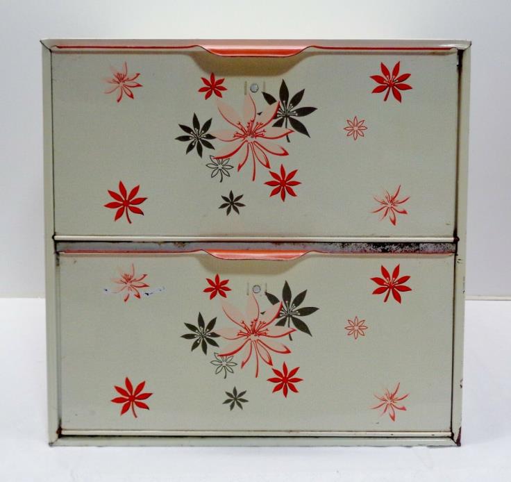 Vintage Decoware Metal Double Door Bread Box Pie Safe Red & White with Flowers