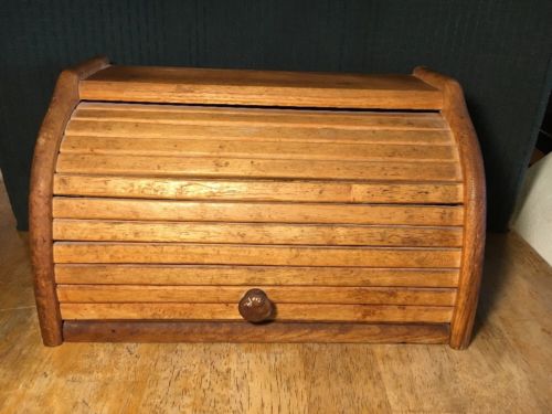 Vintage Roll Top Door Wood Bread Box Wooden Rustic 16”X10”X9 1/4 Country Kitchen