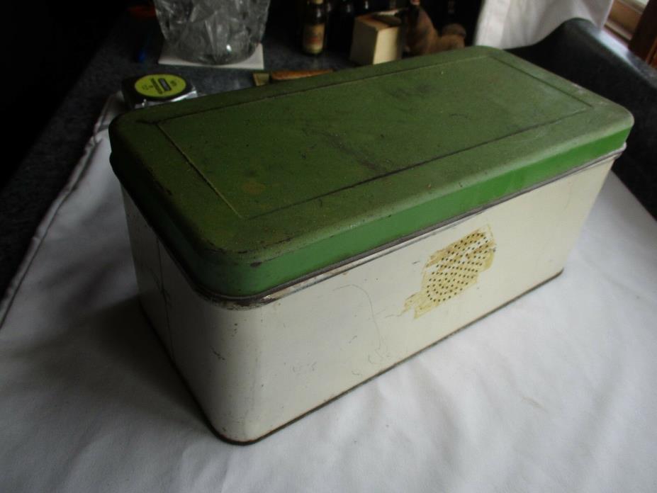 Vintage Metal Bread Box Keeper FUNKY PATINA Green Cream Antique Colors