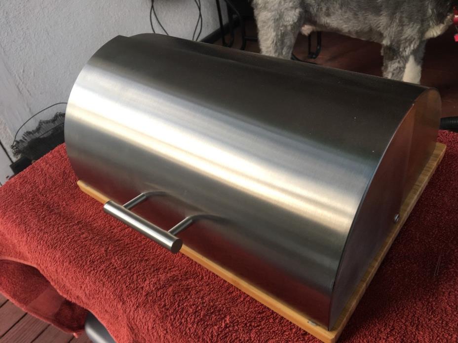 Wooden Base Bread Box Cutting Board Roll Top Stainless Steel Container~NEAT