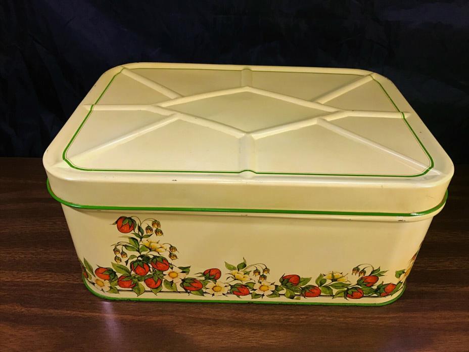 Metal Bread Box Yellow Cream, Green and Red Strawberrys Cheinco Vintage Bin