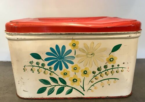 Floral Red Vtg Antique Metal Tin Bread Box Canister