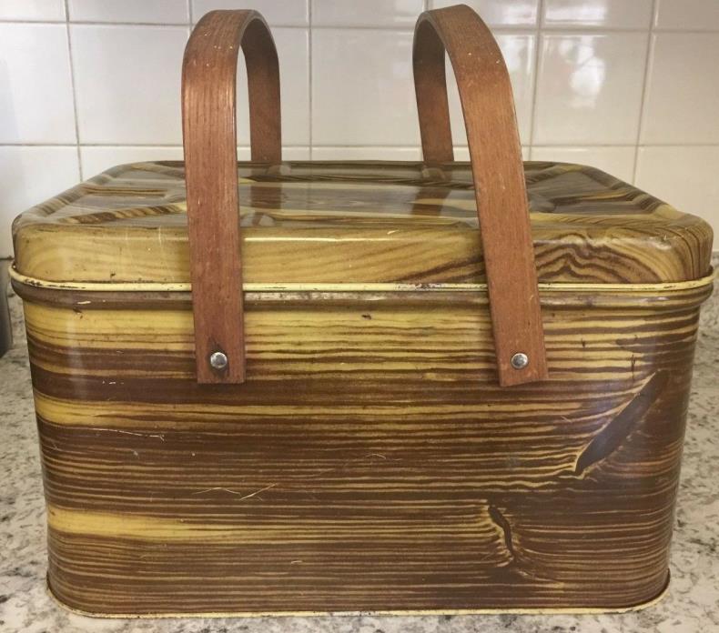 Vintage Antique Brown Yellow Metal Tin Lunch Picnic Bread Box w/Wood Handles