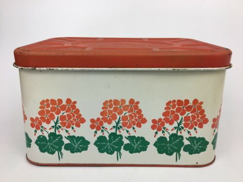 VTG Decoware? White & Red Floral Hinged Vintage Metal Bread Box 10 x 13.75 x 8