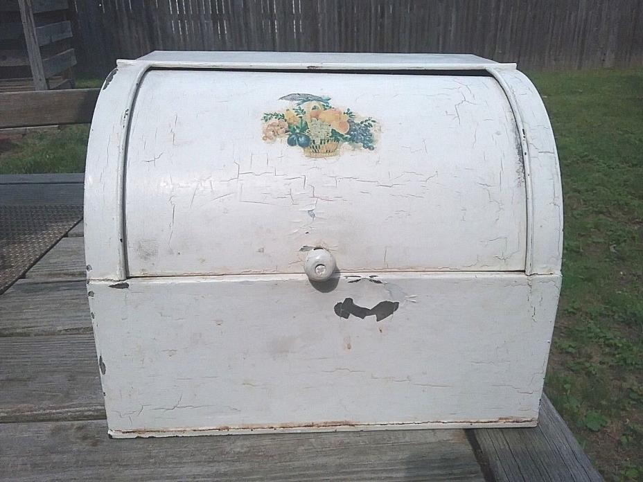 Vintage White Metal Roll Up Bread Box, Shabby Country Kitchen