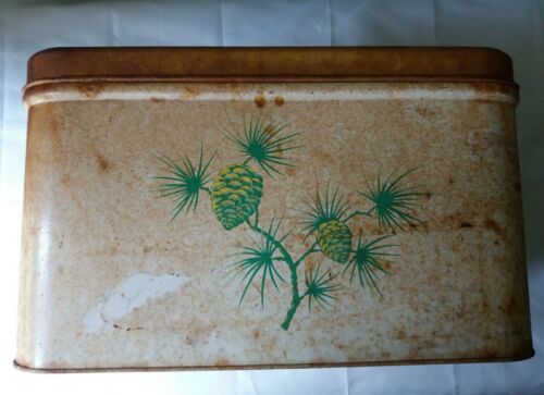 Vintage Tin Hinged Bread Box Pine Cone and Limb Design Canister