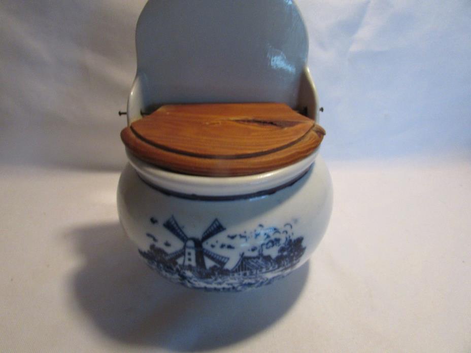 Vintage Porcelain Delft Style Windmill  Salt Box Cellar with Wooden Lid Mint