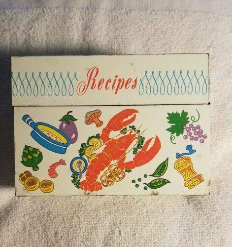 2.19.7) Vintage Ohio Art Company Tin Metal Recipe Box w/2 cards Lobster veggies