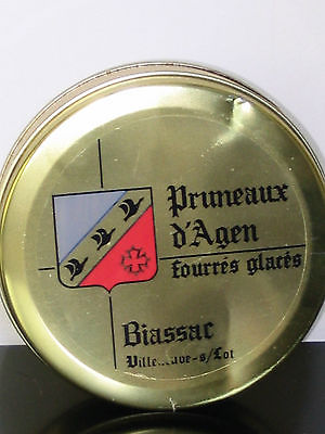 Vintage Pruneaux d'Agen fourrés glacés Round Metal Box (Biassac France 1990)