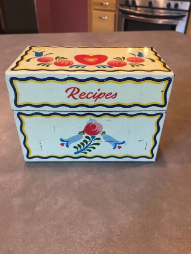 Vintage Tin Floral White Pink & Blue Floral  Ohio Art Co Recipe Box