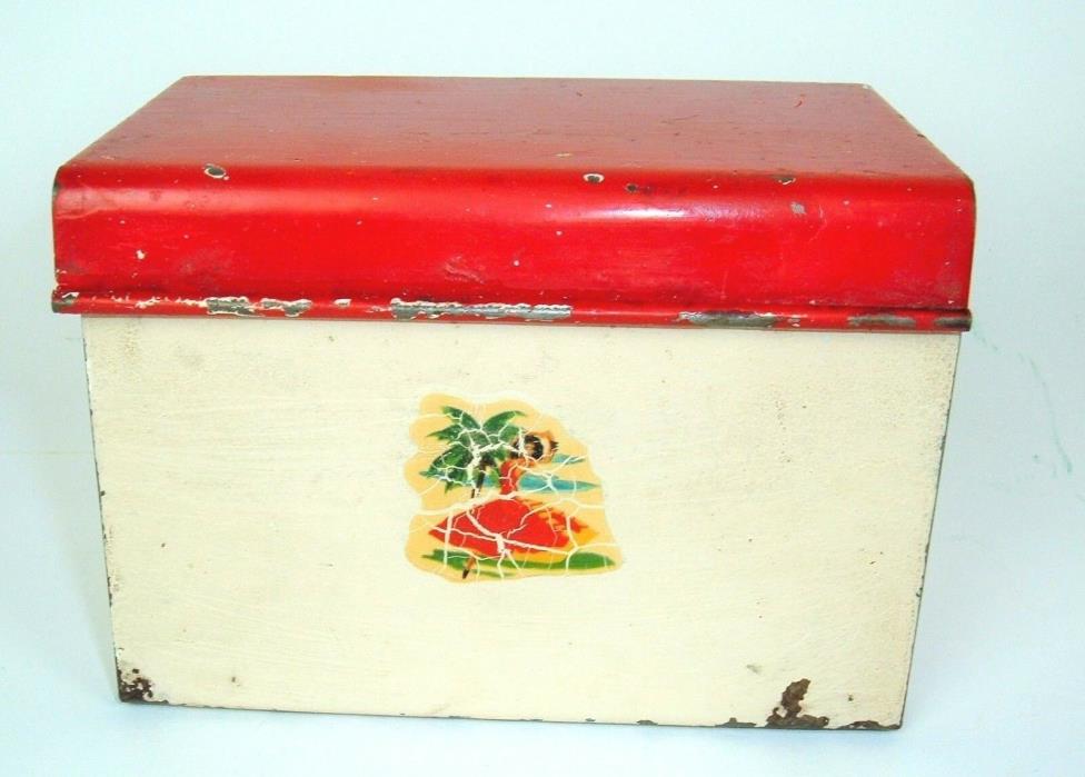 Vtg Cream Red Chippy Country Tropical Metal Recipe/IndexCard/Photo/Decor Box