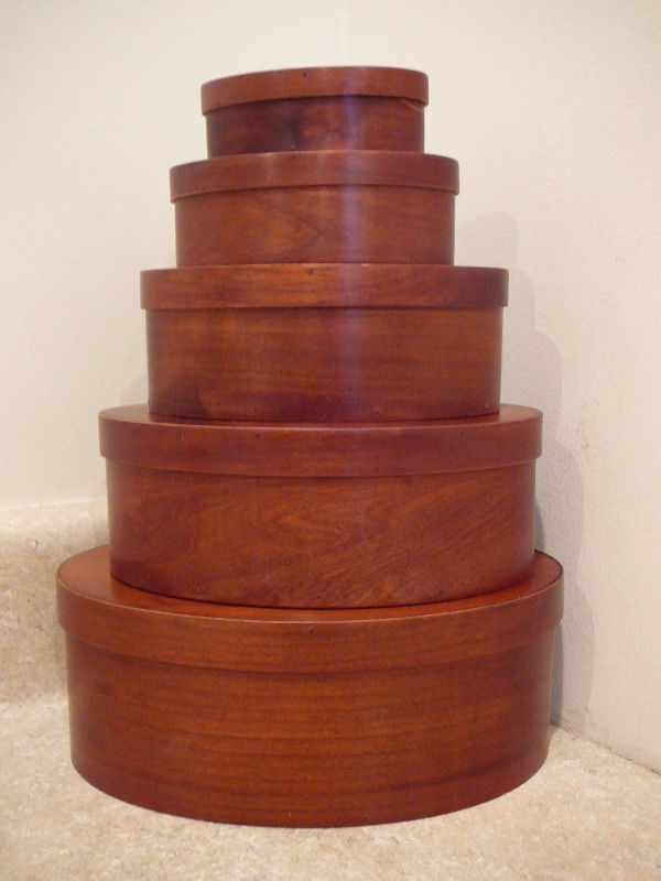 WOODEN CHERRY SHAKER STYLE OVAL LIDDED NESTED PANTRY STORAGE BOX 5 STACK