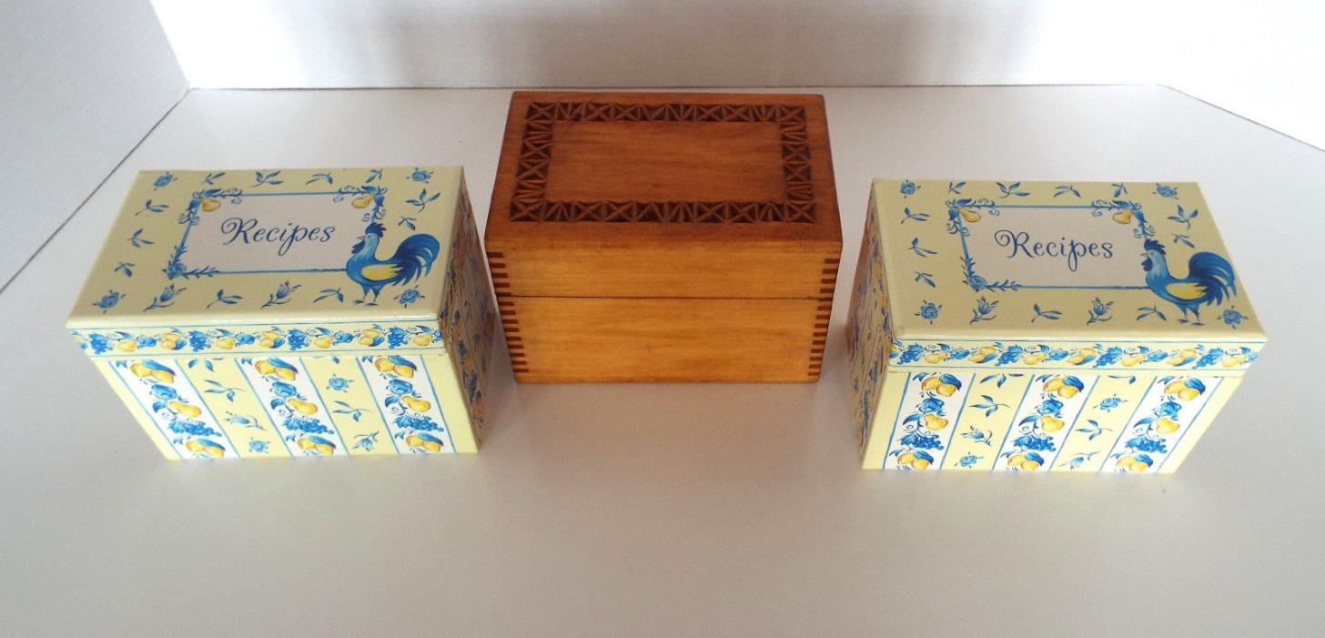 VINTAGE RECIPE BOXES Hand Crafted Dovetail Wood Yellow Blue Martin Designs Lot