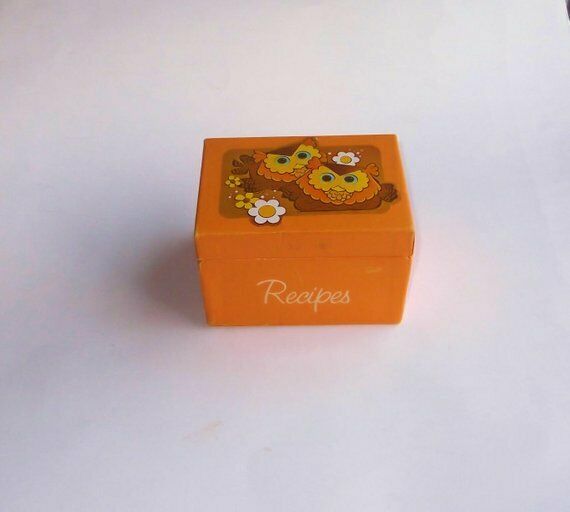 Vintage 1970's Owl Cardboard Recipe Box ~ Orange Kitsch