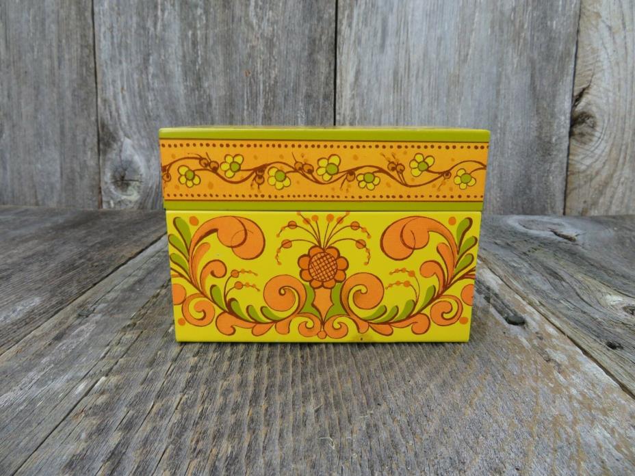 Recipe Box Avon Vintage Tin Metal Holder Orange Yellow Flowers Kitschy Retro