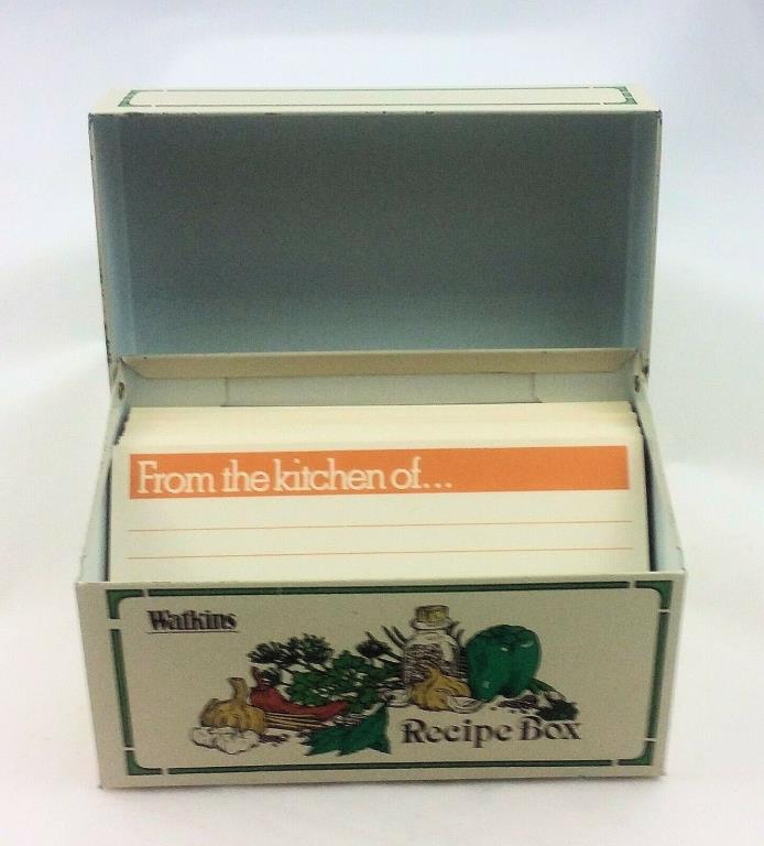 Vintage Watkins Metal Recipe Box with Blank Cards 1981