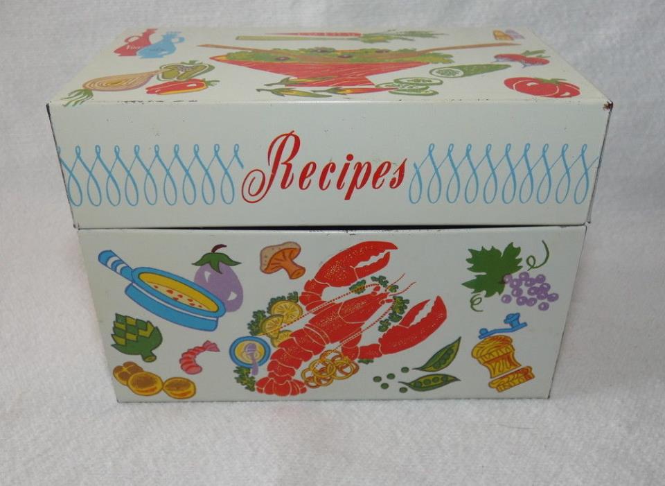 Vintage Ohio Art Tin Litho Metal Recipe Box Lobster, Steak Salad Made in the USA