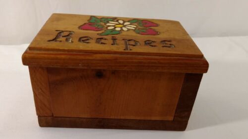 Vintage wooden Recipes box engraved top berries and flower wooden box