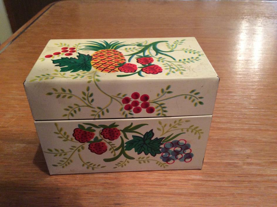 Vintage J.Chein Tin Recipe Box Fruit Made In USA Pineapple Strawberry Nice