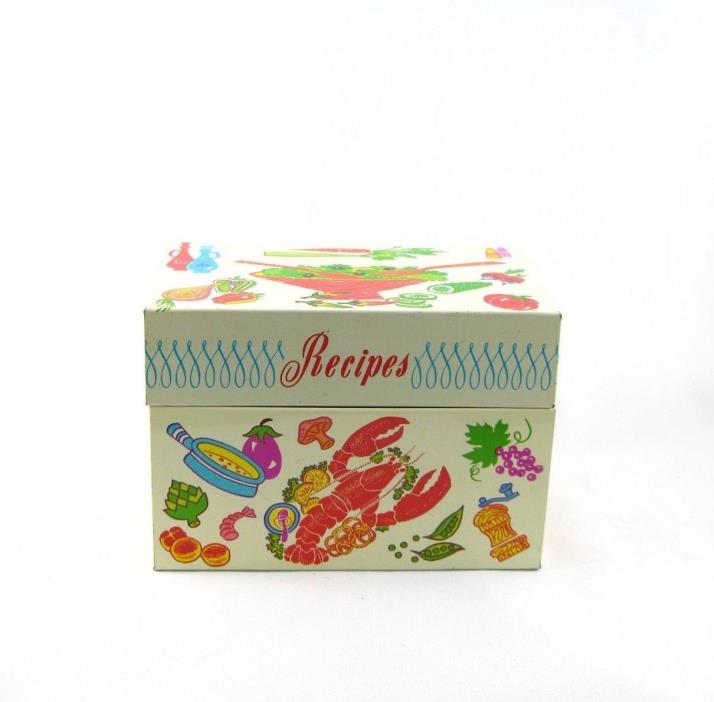 Vintage 1950's Tin Metal Recipe Box Lobster and Salad Litho Ohio Art Company