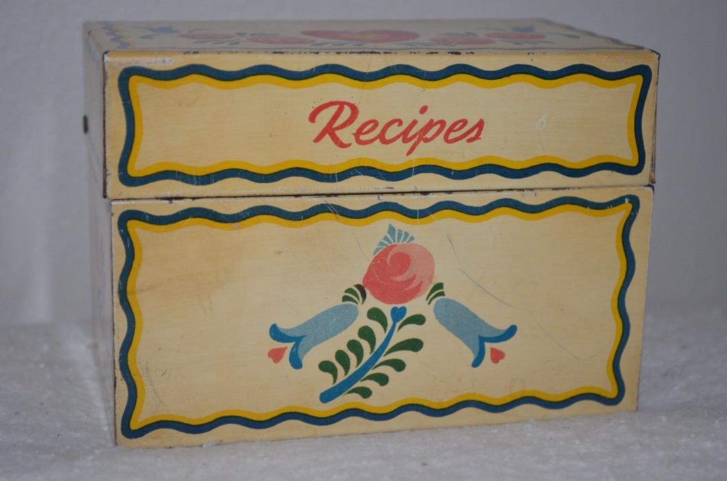 Vintage Ohio Art Tin Recipe Box with Vintage Recipes Folk Art Toleware 3.5