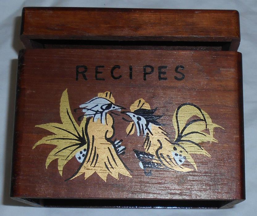 Vintage Wooden Recipe Box STANDARD SPECIALTY Co Japan Fighting Roosters