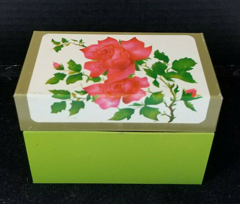 Vintage Metal Recipe Index Card Box Red Roses Flowers