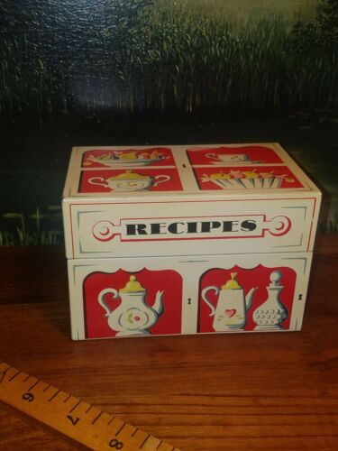 Vintage Red & White Teapot  Metal Tin Recipe Box by MAYFAIR CO. 1954
