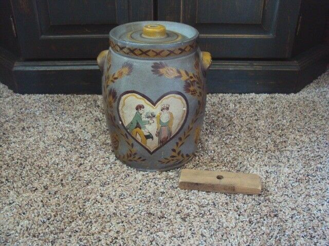 VINTAGE PRIMITIVE FOLK ART STONEWARE CROCK BUTTER CHURN