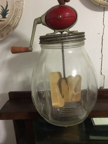 Vintage DAZEY BUTTER CHURN No 4 + Original Wooden Paddle Spoon RED FOOTBALL Top